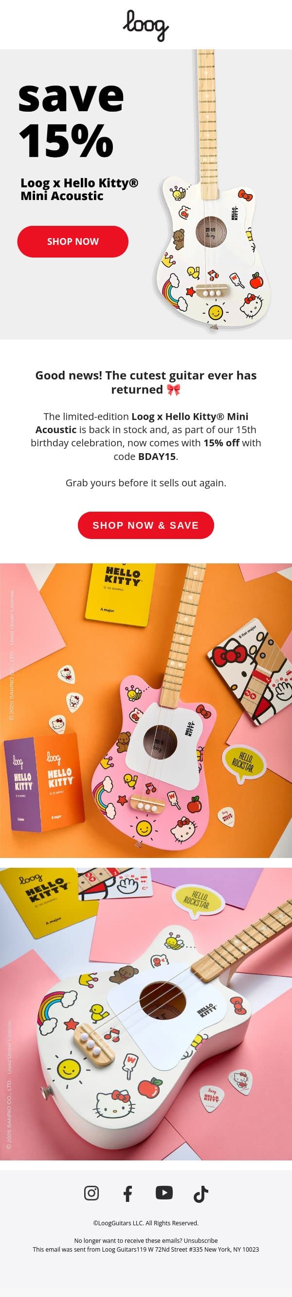 The Loog x Hello Kitty® Mini Acoustic is back 🎀 email from Loog Guitars screenshot