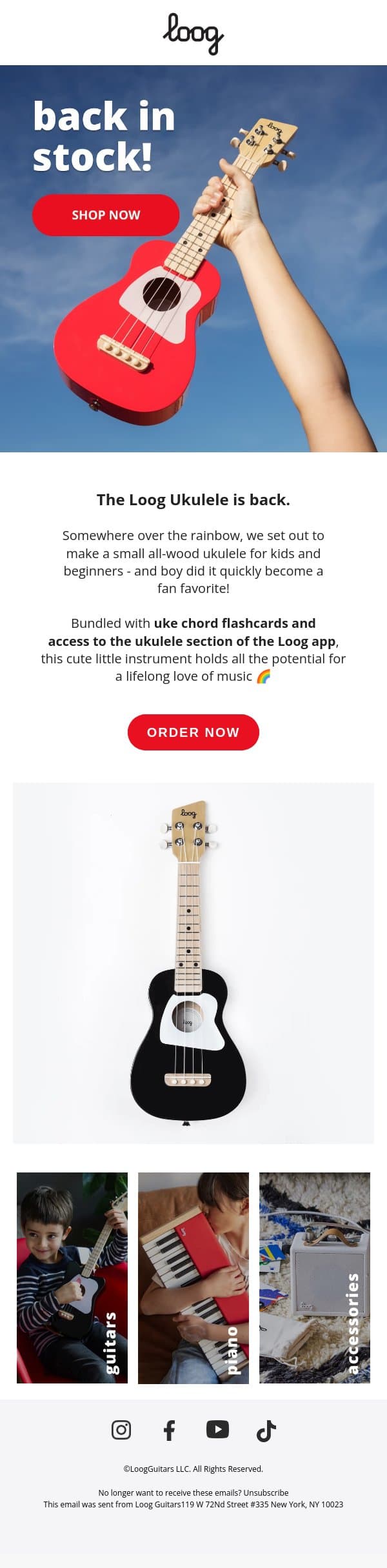 Back in stock: Loog Ukulele! email from Loog Guitars screenshot