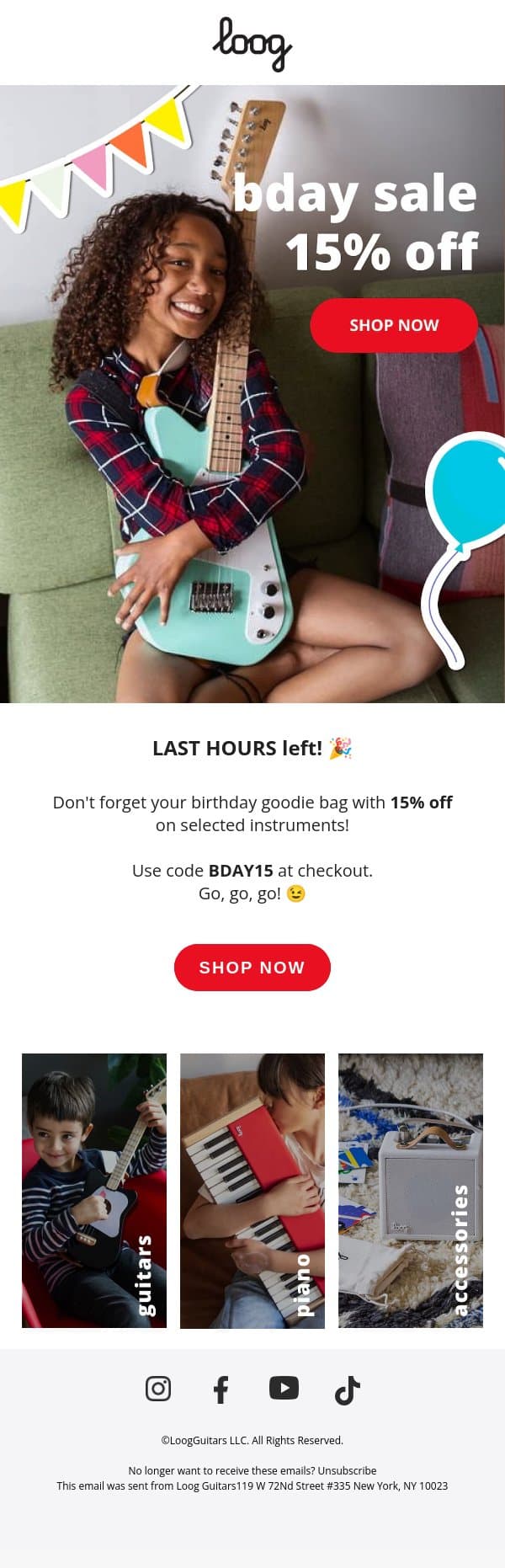 π¨ LAST HOURS for 15% off π¨ email from Loog Guitars screenshot