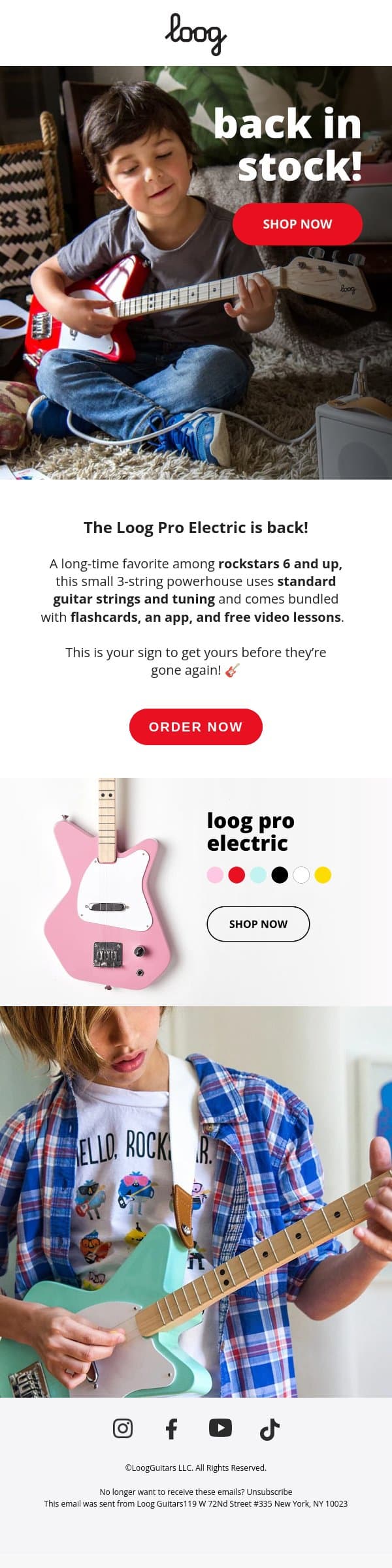 Back in stock: Loog Pro Electric email from Loog Guitars screenshot