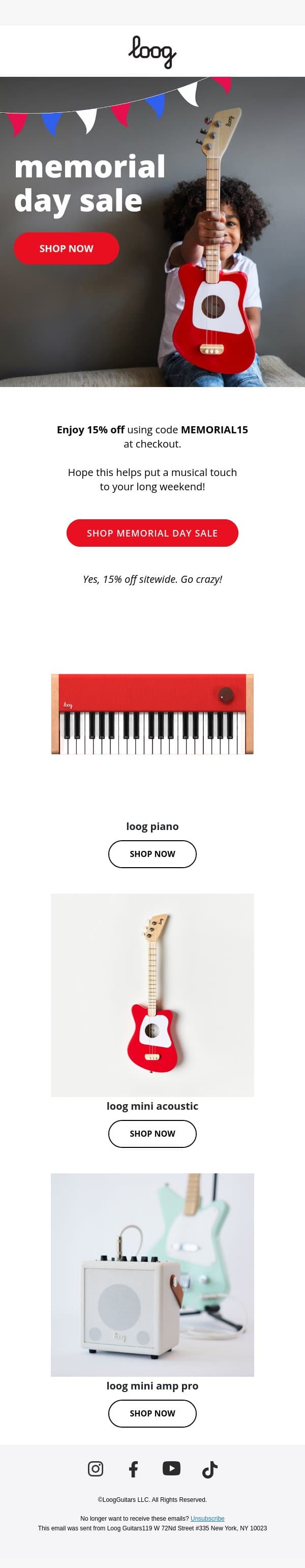 Our Memorial Day Sale is here! email from Loog Guitars screenshot