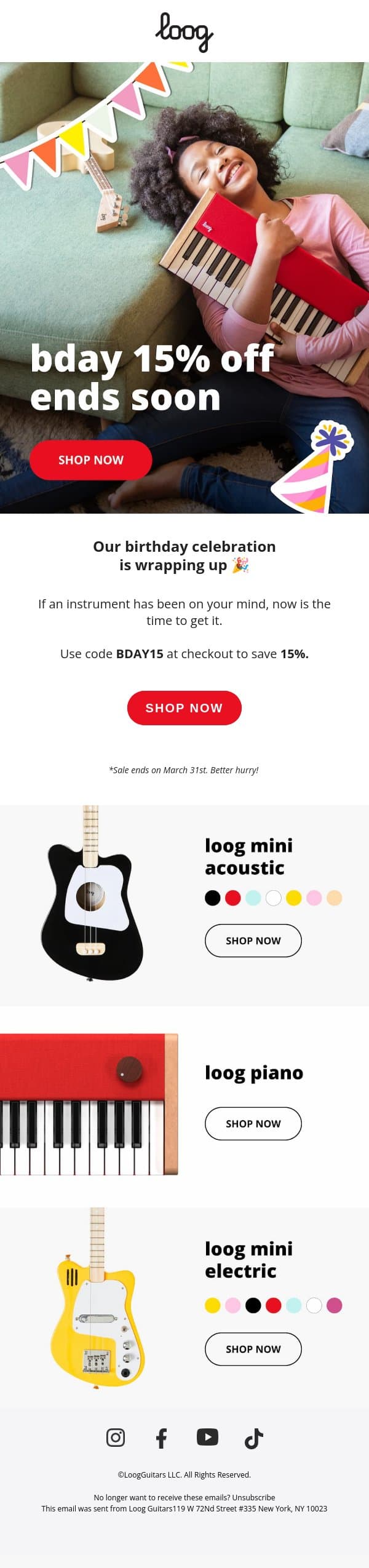 π Our birthday celebration ends soon email from Loog Guitars screenshot