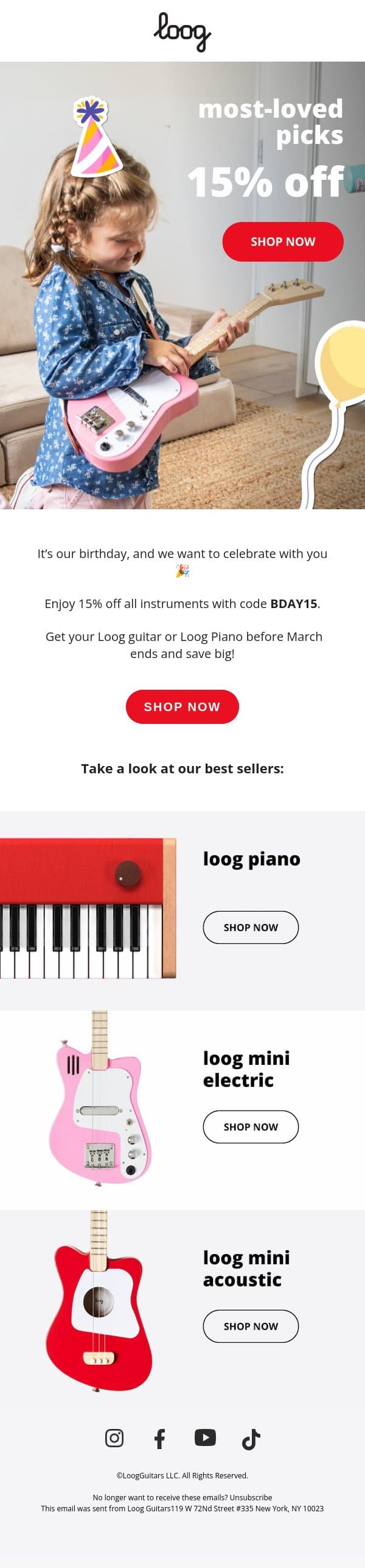 Happy birthday to us, happy savings to YOU! ๐ email from Loog Guitars screenshot