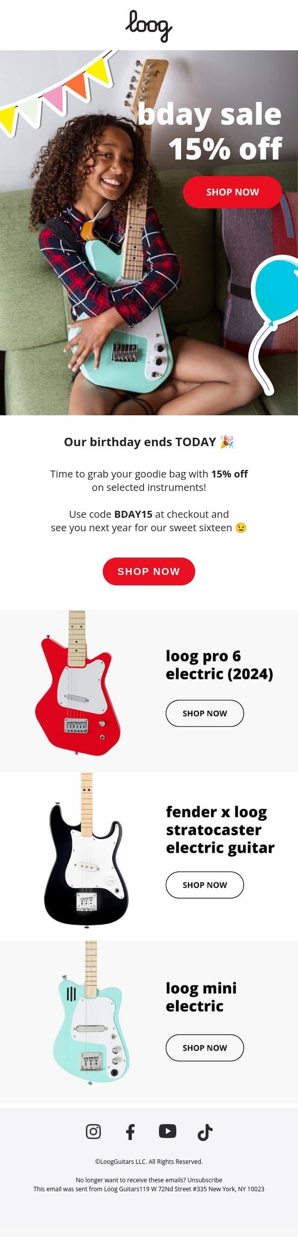 ENDS TODAY: 15% off 🥳 email from Loog Guitars screenshot