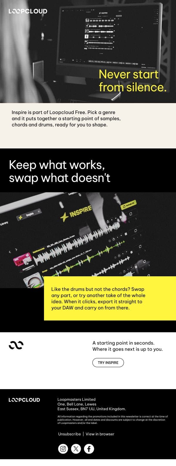 Your free Inspire sessions are waiting email from Loopmasters screenshot