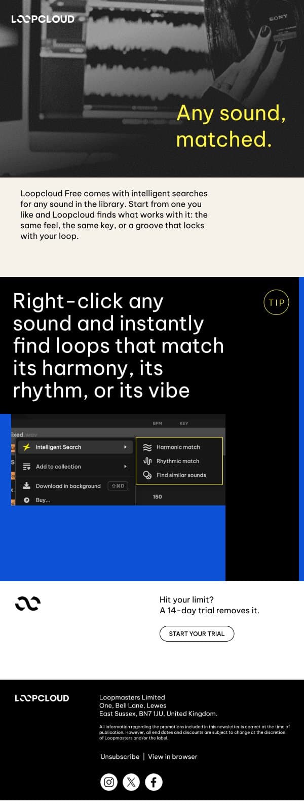 Your free smart searches are waiting email from Loopmasters screenshot