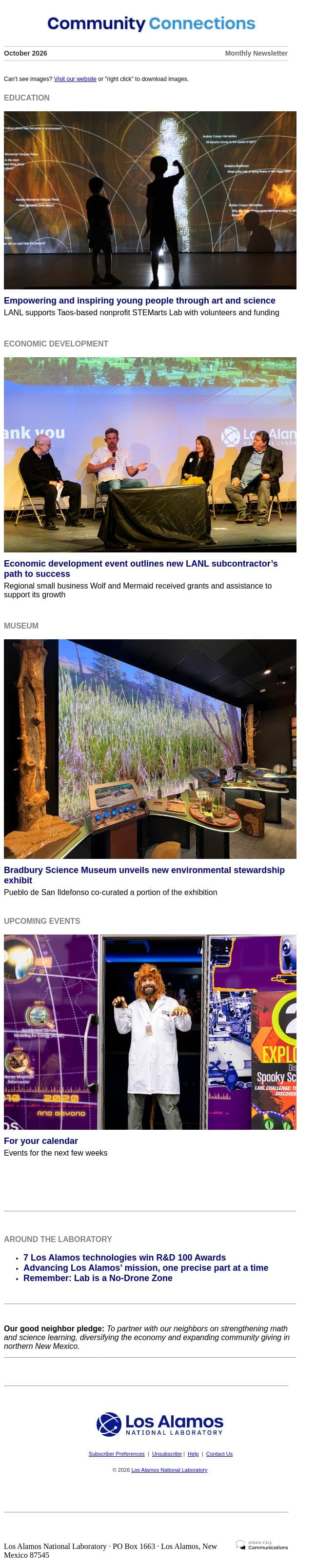 Los Alamos National Laboratory's Community Connections newsletter: October 2026 email from Los Alamos National Laboratory screenshot