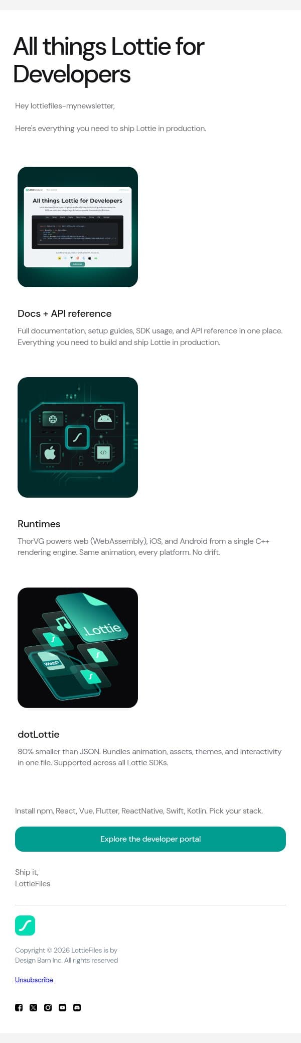 Ship Lottie in production: docs, SDKs, runtimes email from LottieFiles screenshot