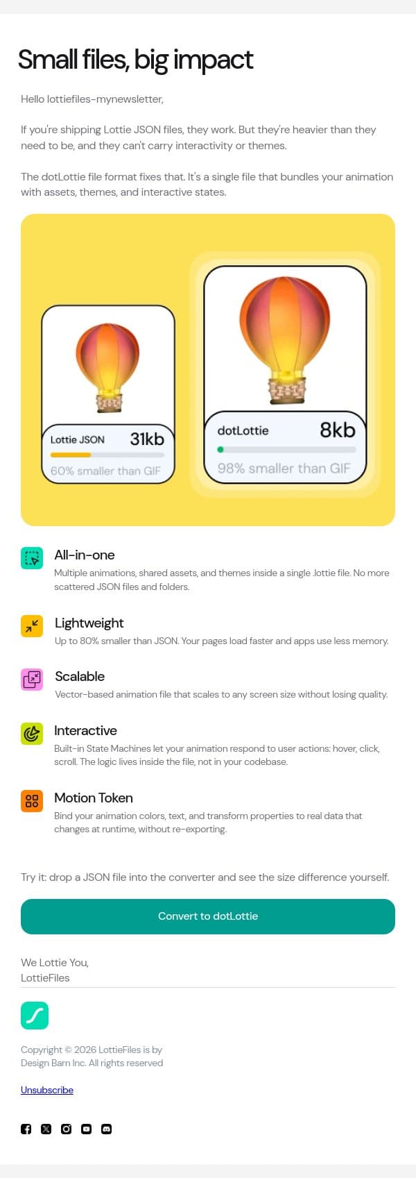 Your animations could be 80% smaller email from LottieFiles screenshot