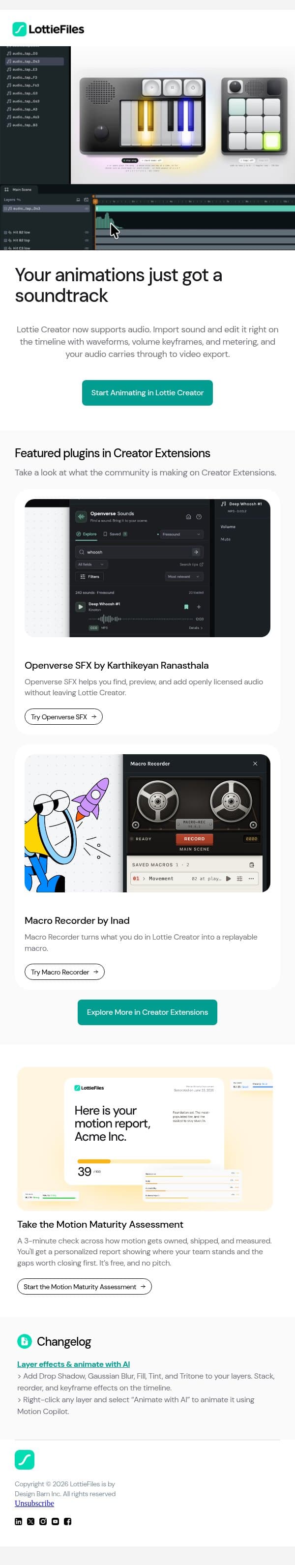 Lottie Creator now supports audio đ” email from LottieFiles screenshot