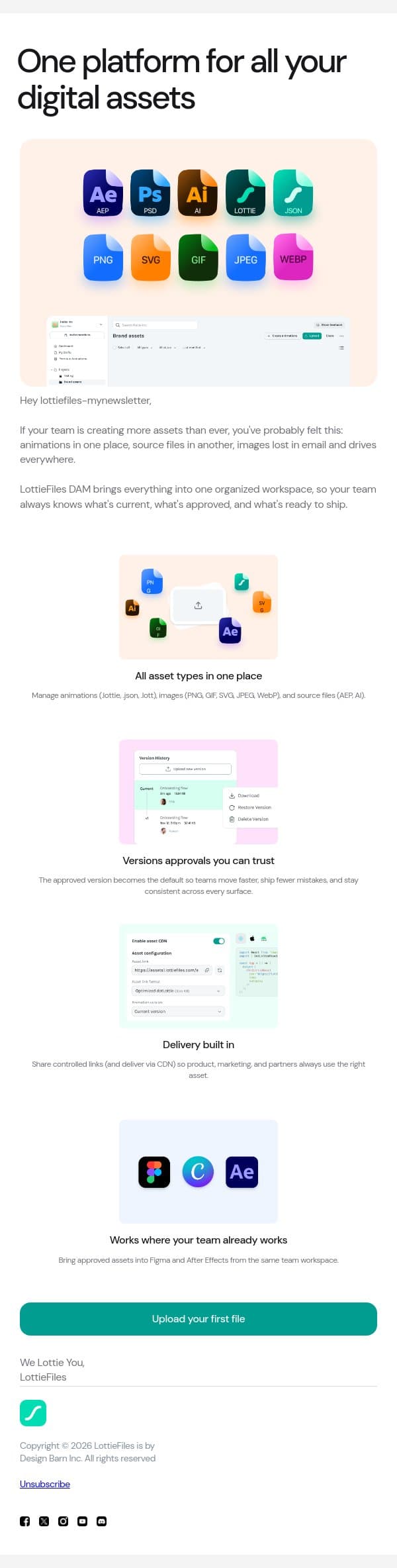 Your creative assets. One source of truth email from LottieFiles screenshot