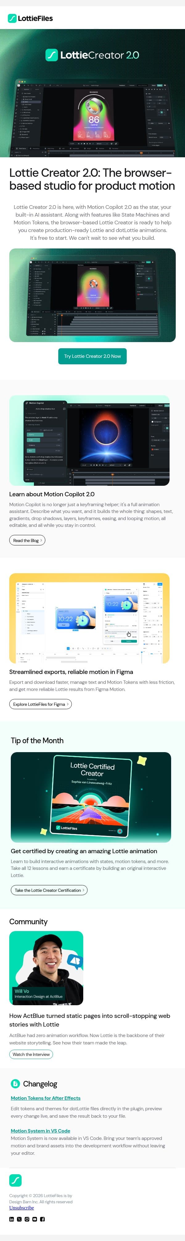 Lottie Creator 2.0 is live! Your browser-based motion studio email from LottieFiles screenshot