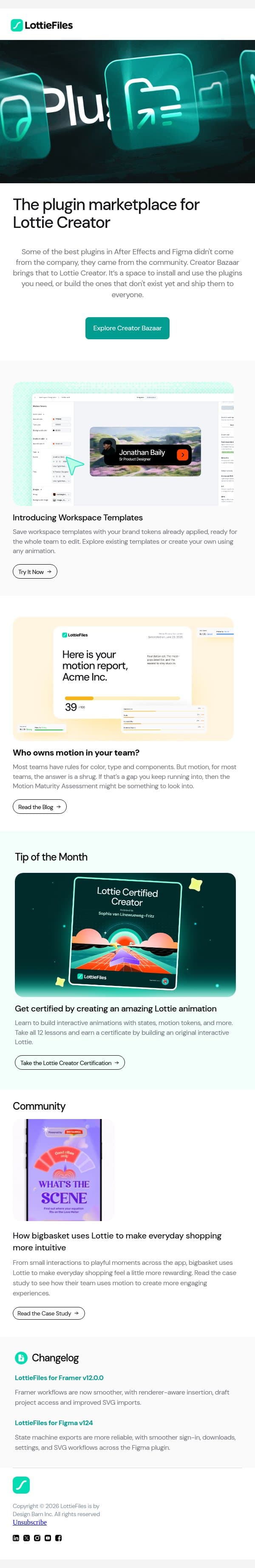 Plugin marketplace, live in Lottie Creator 🧩 email from LottieFiles screenshot