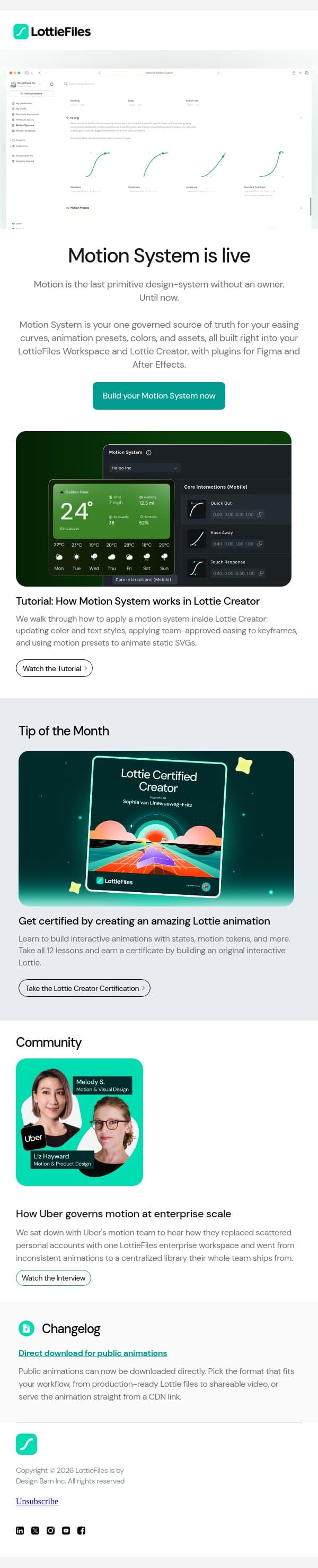 Motion System is live & it lives where you already work email from LottieFiles screenshot