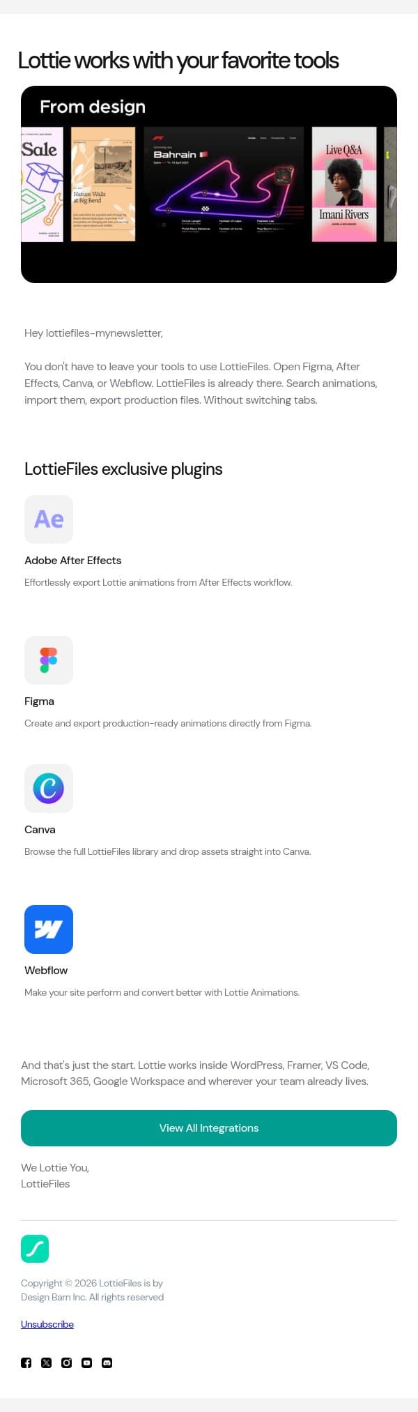 LottieFiles for Figma, Webflow, Canva, Adobe & more 🔥 email from LottieFiles screenshot