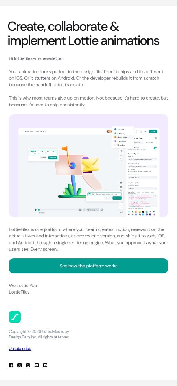 Create, collaborate & implement Lottie animations ๐๐ผ email from LottieFiles screenshot