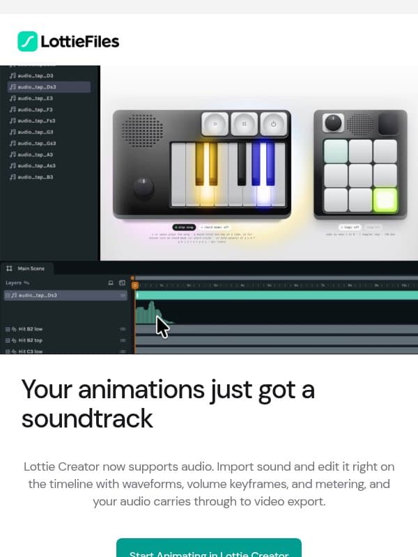 Lottie Creator now supports audio 🎵 email from LottieFiles