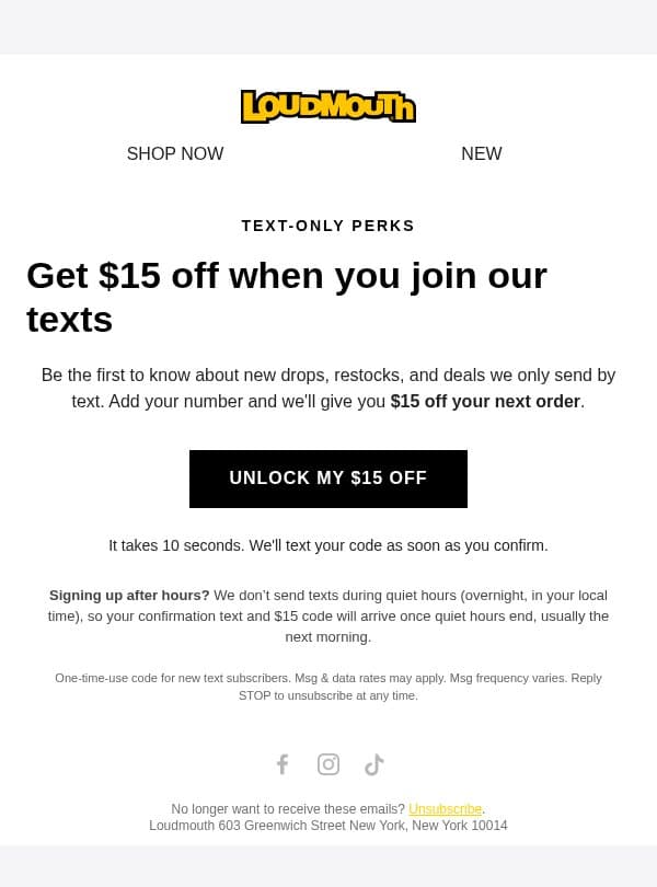 Want $15 off? Join our texts π± email from Loudmouth Golf screenshot