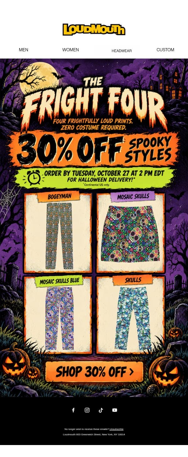 π¨ 30% Off Spooky Styles, In Time For Halloween email from Loudmouth Golf screenshot