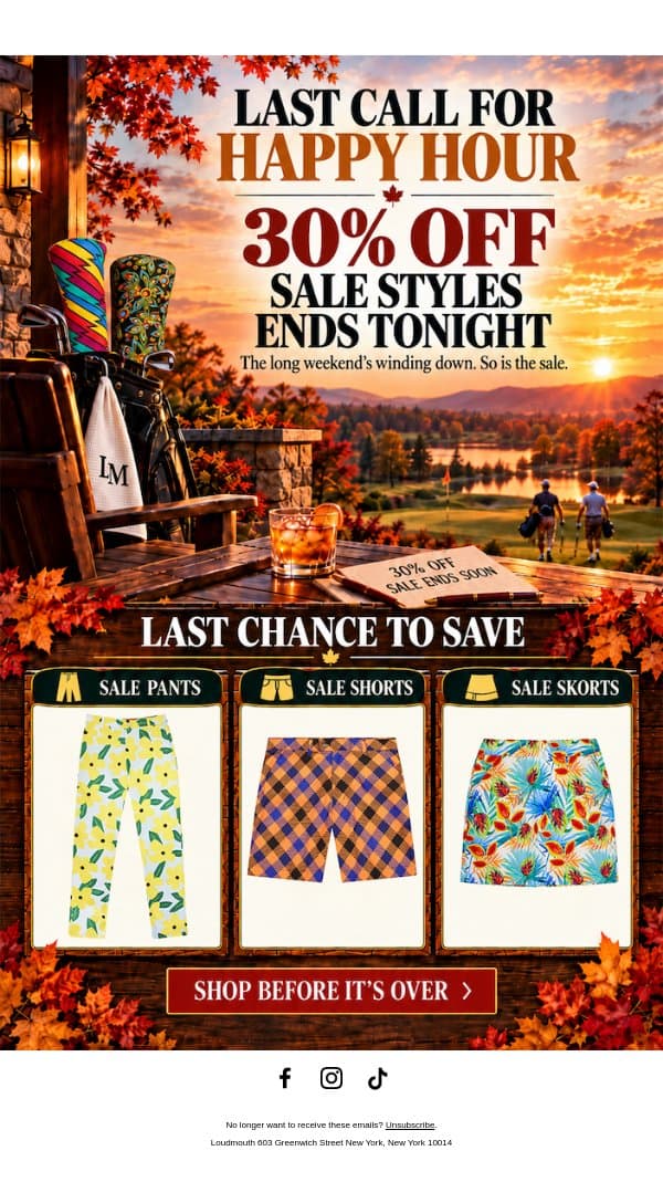 🚨⏰ 30% Off Sale on Sale Ends Tonight email from Loudmouth Golf screenshot
