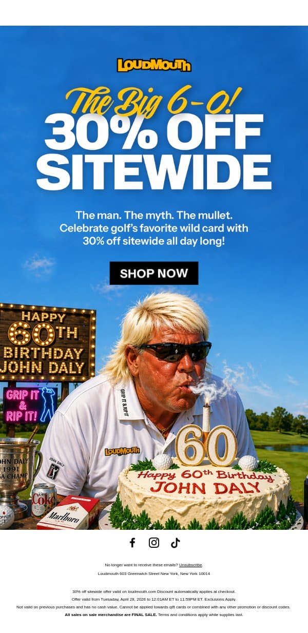 FINAL HOURS! 30% OFF EVERYTHING! email from Loudmouth Golf screenshot