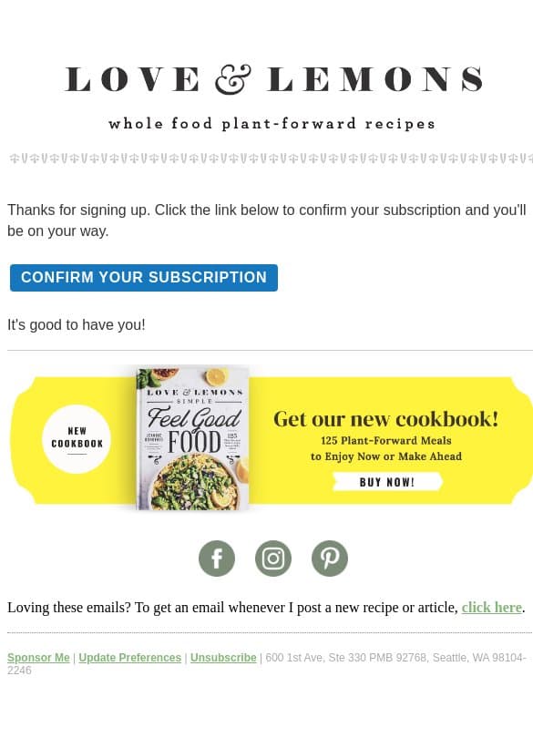 Important: confirm your subscription email from Love and Lemons screenshot