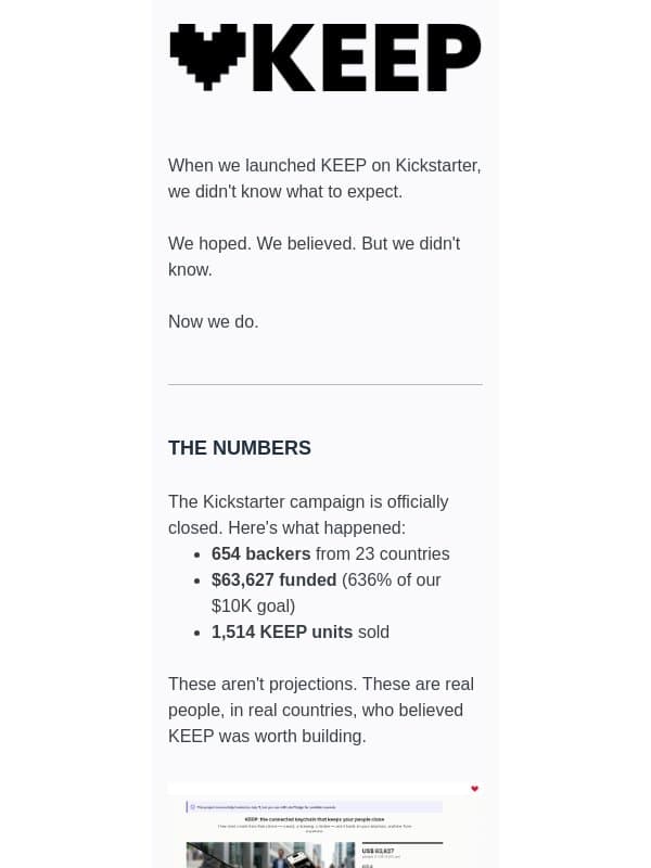 KEEP Kickstarter: By the numbers. email from Lovebox