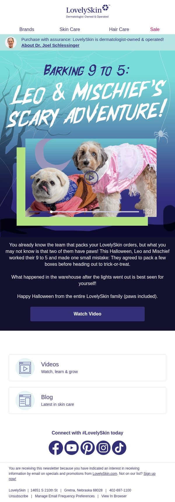 Barking 9-5 with Leo and Mischief & a scary Halloween video! email from LovelySkin screenshot