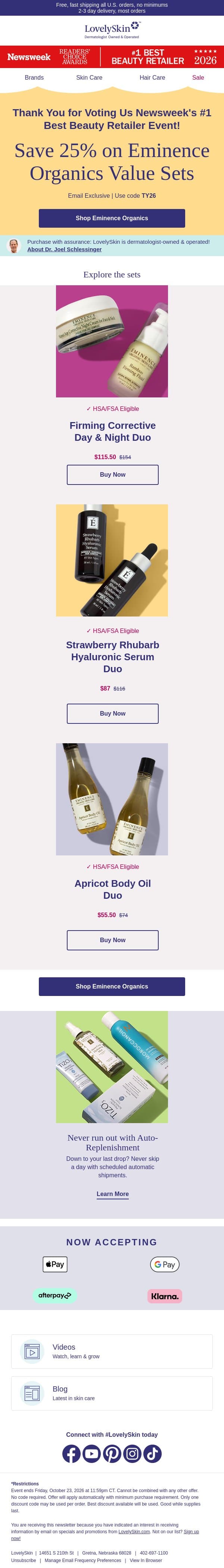 25% Eminence Organics Value Sets savings can be all yours email from LovelySkin screenshot