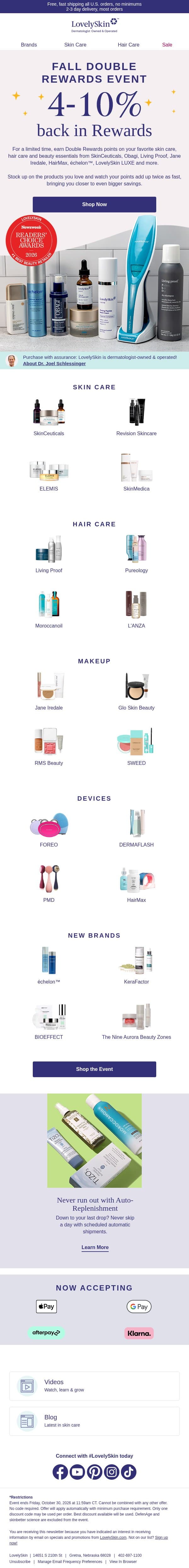 Double Rewards are BACK! Earn 4-10% Rewards on your favorite products email from LovelySkin screenshot