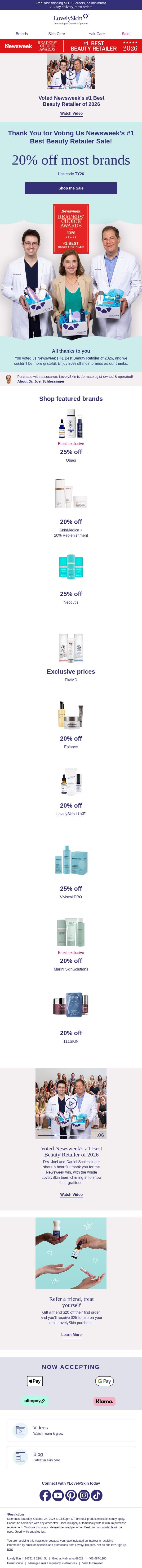 LAST CALL: 20% off Thank You Sale ends at MIDNIGHT! email from LovelySkin screenshot