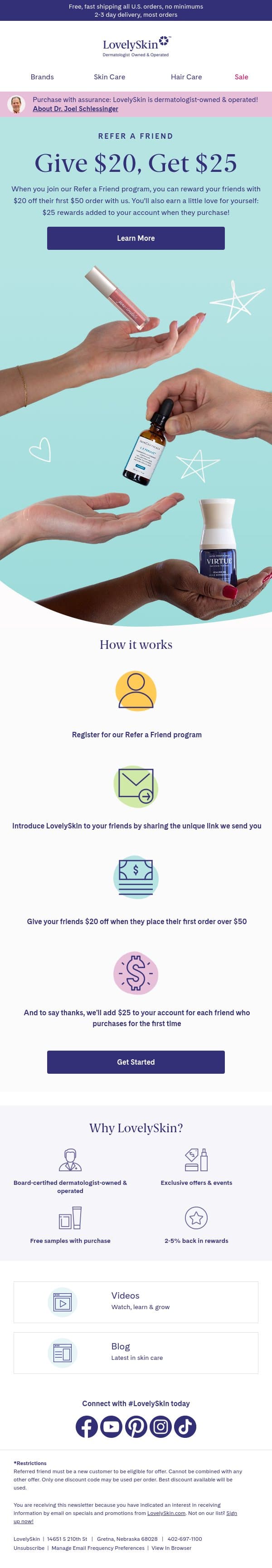 Give $20, Get $25 when you refer your friends email from LovelySkin screenshot