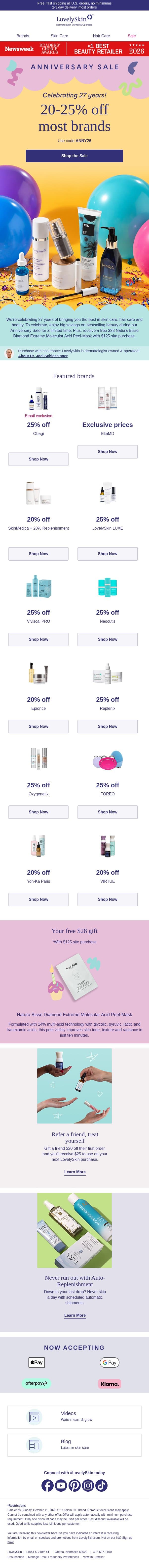 π¨ Hurry, last 24 hours for 20-25% off Anniversary Sale + $28 Natura Bisse gift! email from LovelySkin screenshot