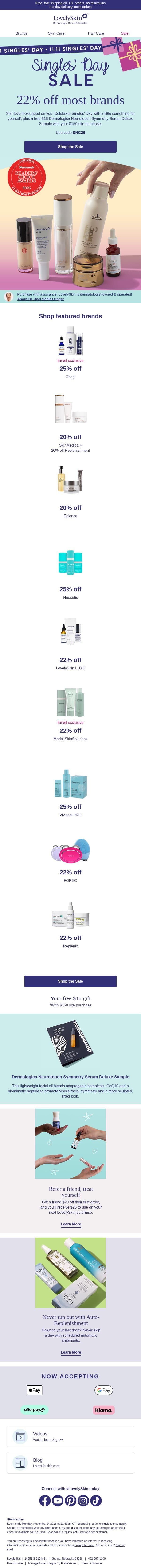 STARTS NOW: 22% off Singles' Day Sale + FREE $18 Dermalogica gift! email from LovelySkin screenshot