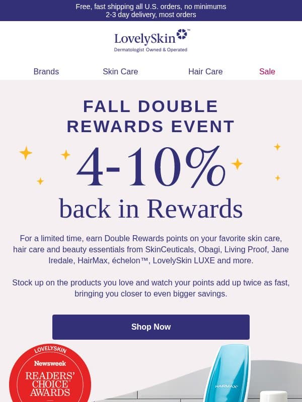 Double Rewards are BACK! Earn 4-10% Rewards on your favorite products email from LovelySkin
