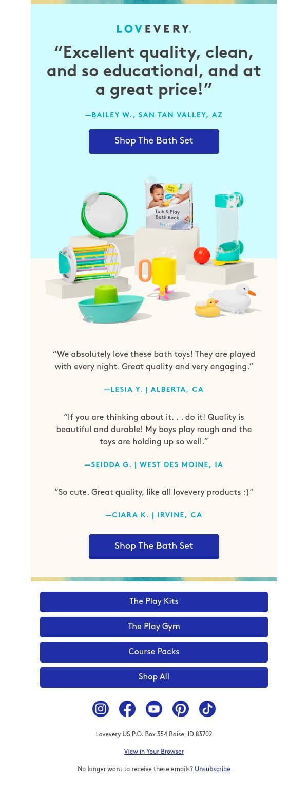 “I spent so much time researching good quality bath toys…” —Karamveer K. email from Lovevery screenshot