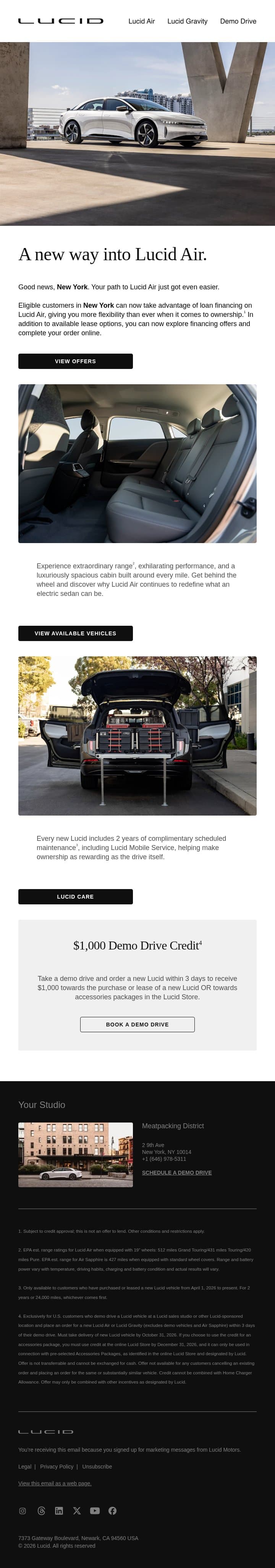 Finance Lucid Air in New York email from Lucid Motors screenshot