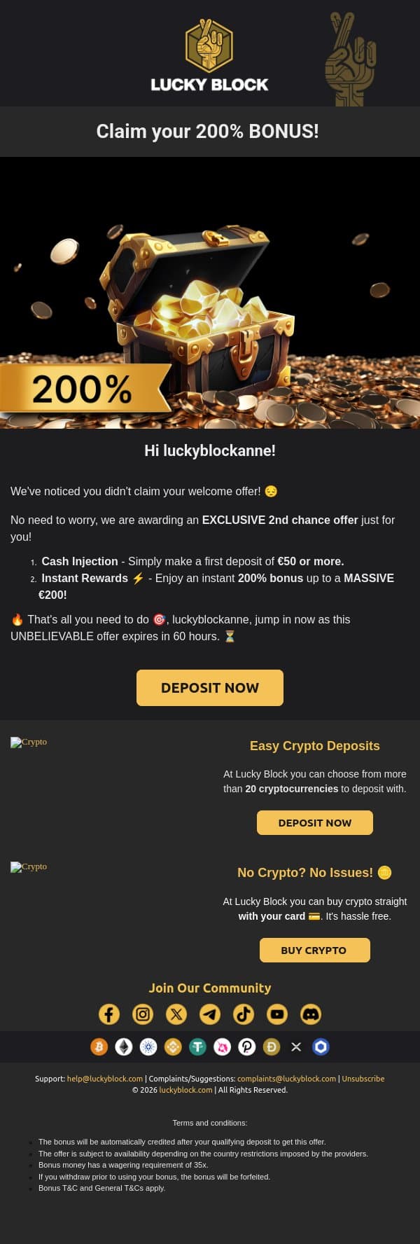 EXCLUSIVE Welcome Offer! email from LuckyBlock screenshot