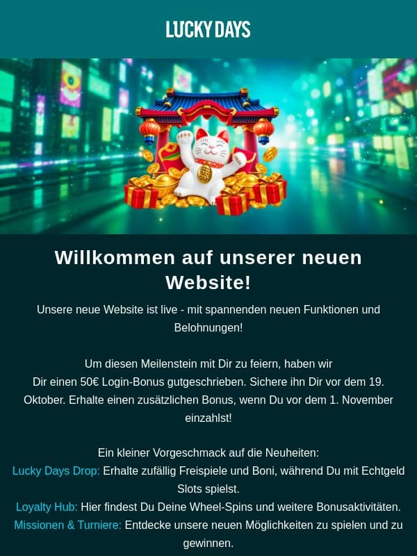 Willkommen auf unserer neuen Website! email from Luckydays