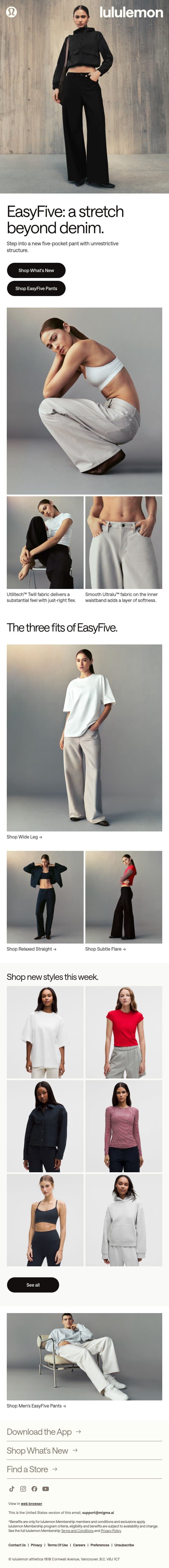 Introducing: EasyFive Pants email from lululemon screenshot