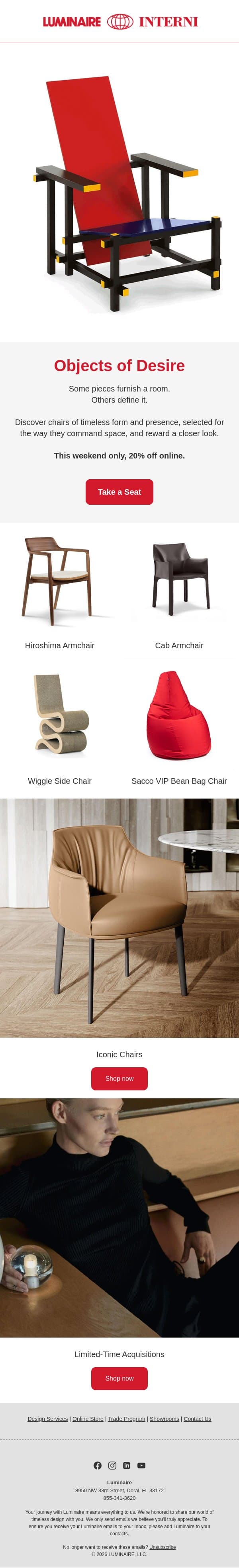 Sculptural Seating email from Luminaire screenshot