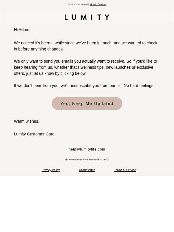 Still want to hear from us? email from Lumity Life