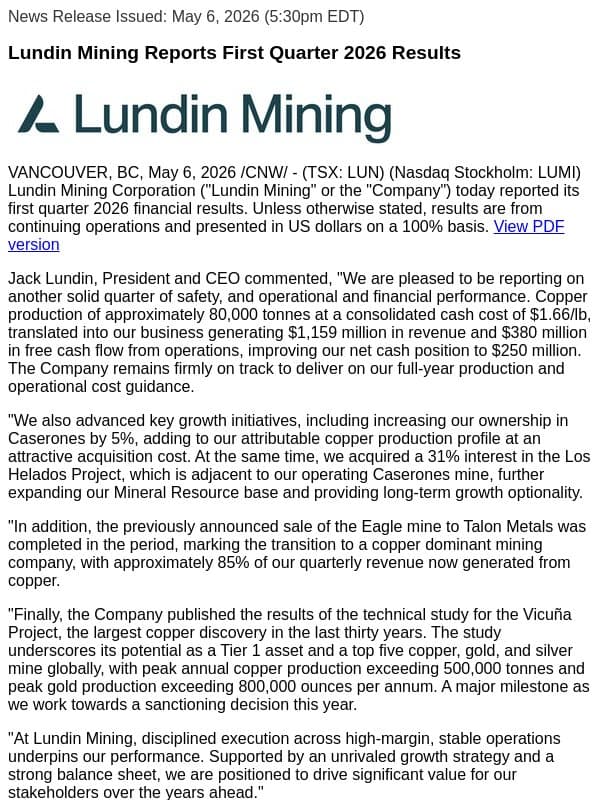 Lundin Mining Reports First Quarter 2026 Results email from Lundin Mining