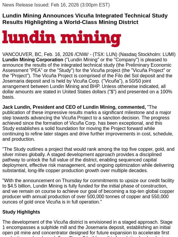 Lundin Mining Announces Vicuña Integrated Technical Study Results Highlighting a World-Class Mining District email from Lundin Mining