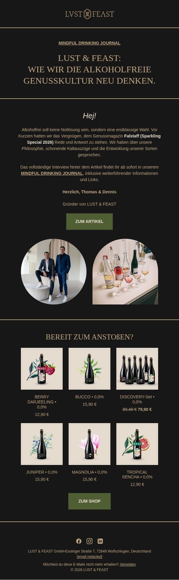 LUST & FEAST: Wie wir die alkoholfreie Genuss-Kultur neu denken email from Lust & Feast screenshot