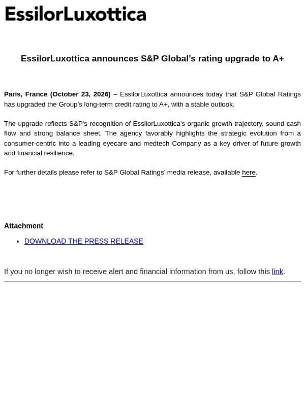 EssilorLuxottica announces S&P Global’s rating upgrade to A+ email from Luxottica