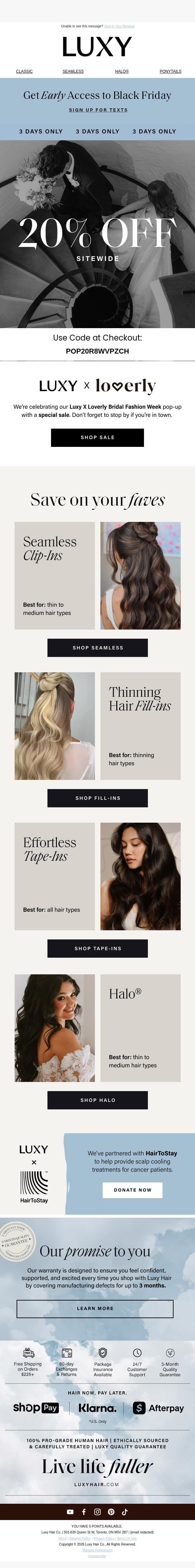 20% off to celebrate Bridal Fashion Week email from Luxy Hair screenshot