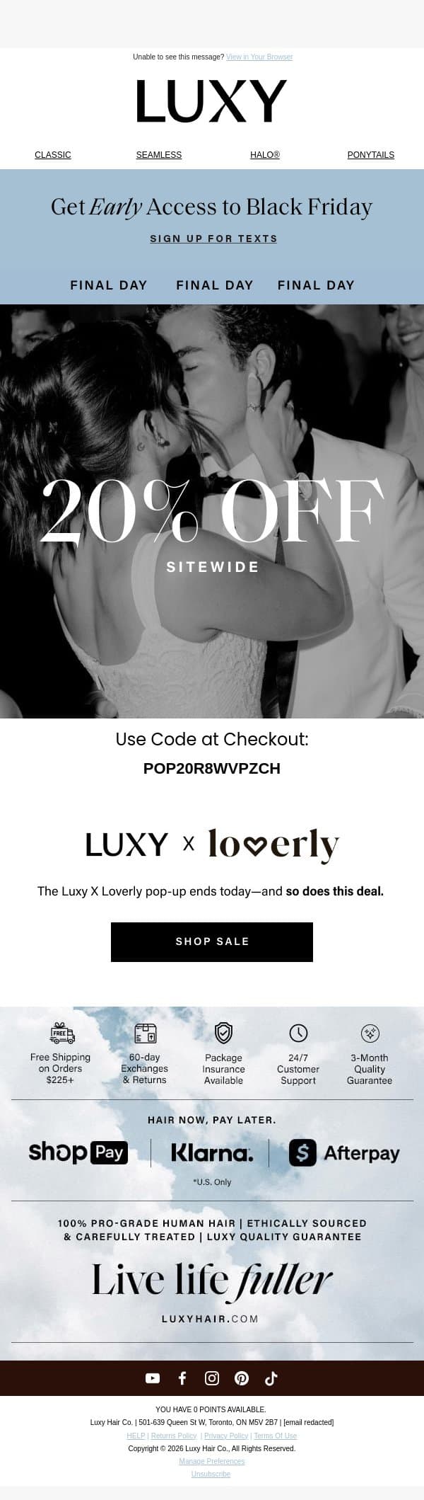 20% off ends tonight email from Luxy Hair screenshot