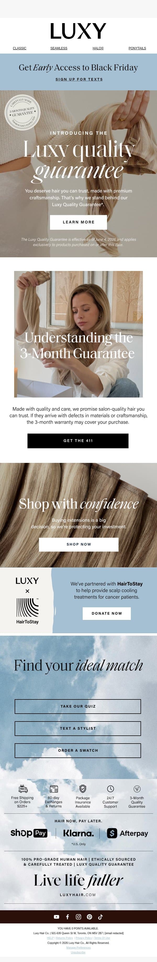 Your Luxies come with a guarantee email from Luxy Hair screenshot
