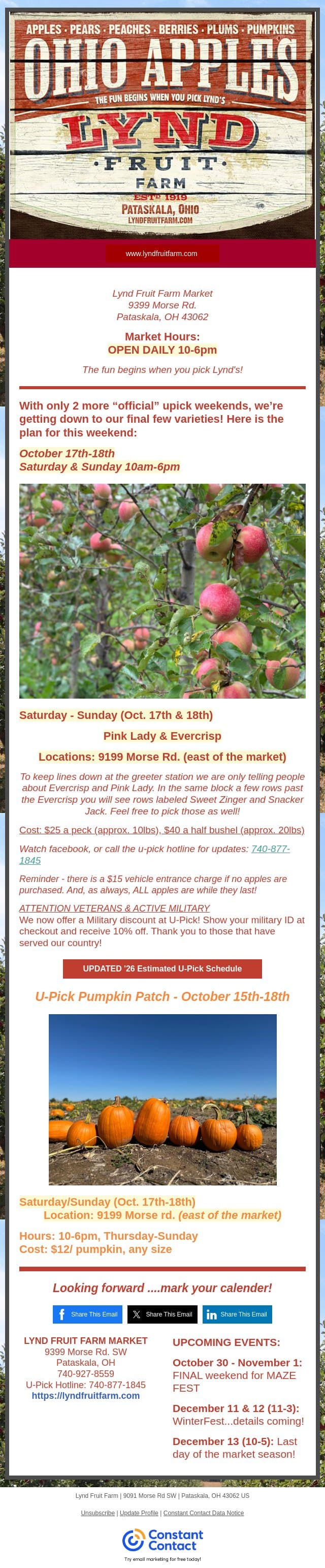 Here is the Weekend U-pick Plan email from Lynd Fruit Farm screenshot
